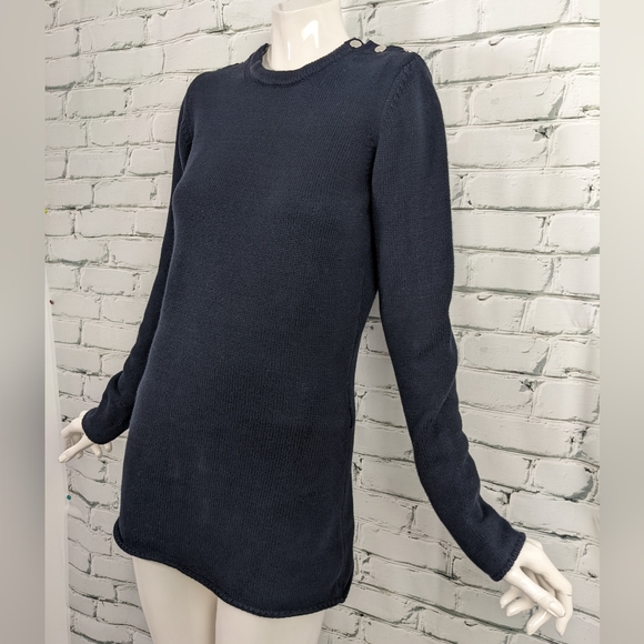Burberry sweater dark navy blue long crew neck jumper shoulder snaps small fit - Picture 1 of 9